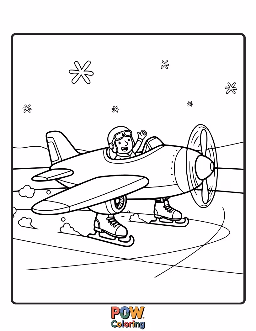 Free coloring page of An airplane with ice skates for wheels, gliding gracefully across a frozen sky with icy clouds.