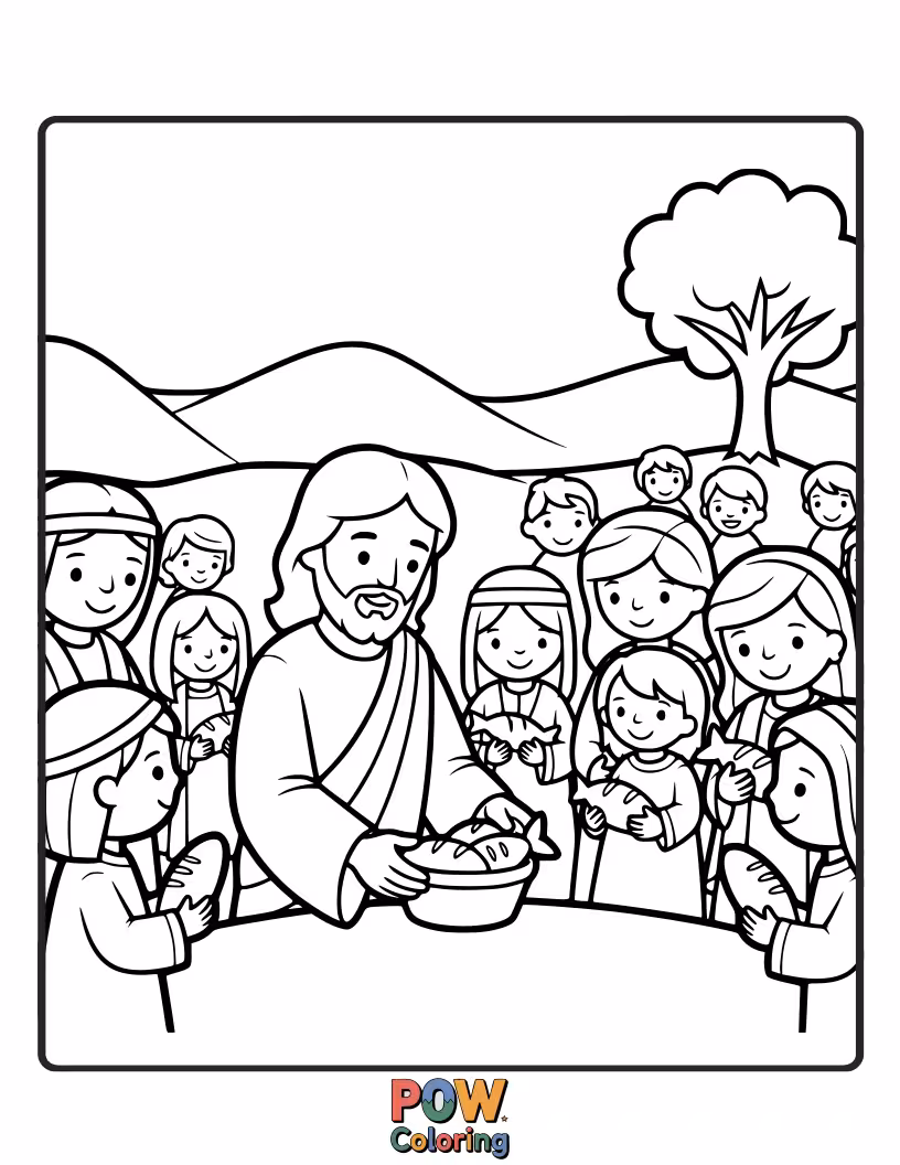Free coloring page of Color Jesus miraculously multiplying loaves and fish to feed a large crowd, highlighting His provision and selfless generosity to all who are hungry.