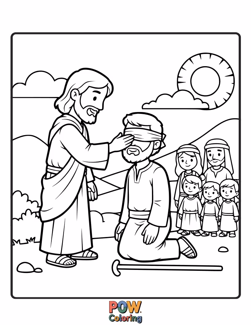 Free coloring page of Illustrate Jesus restoring sight to a blind man, symbolizing His ability to bring spiritual light and a new perspective to those who believe.