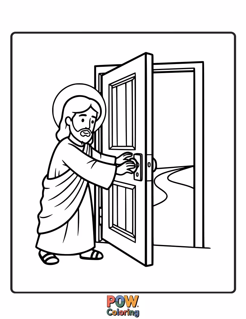Free coloring page of Visualize Jesus standing at an open door, inviting people in, signifying His grace and the eternal salvation He offers to all who enter.
