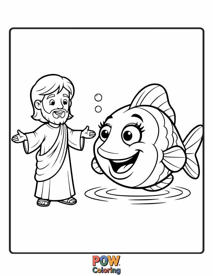 Free coloring page of Jesus is surrounded by a school of tiny, giggling fish that look like they're telling jokes. He's trying not to laugh too hard.