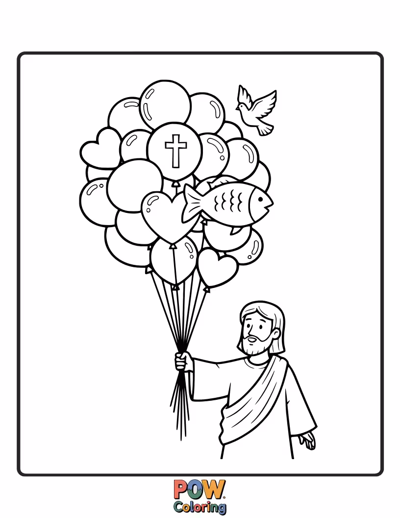 Free coloring page of Jesus is holding a massive bouquet of colorful balloons that are trying to lift him gently off the ground.
