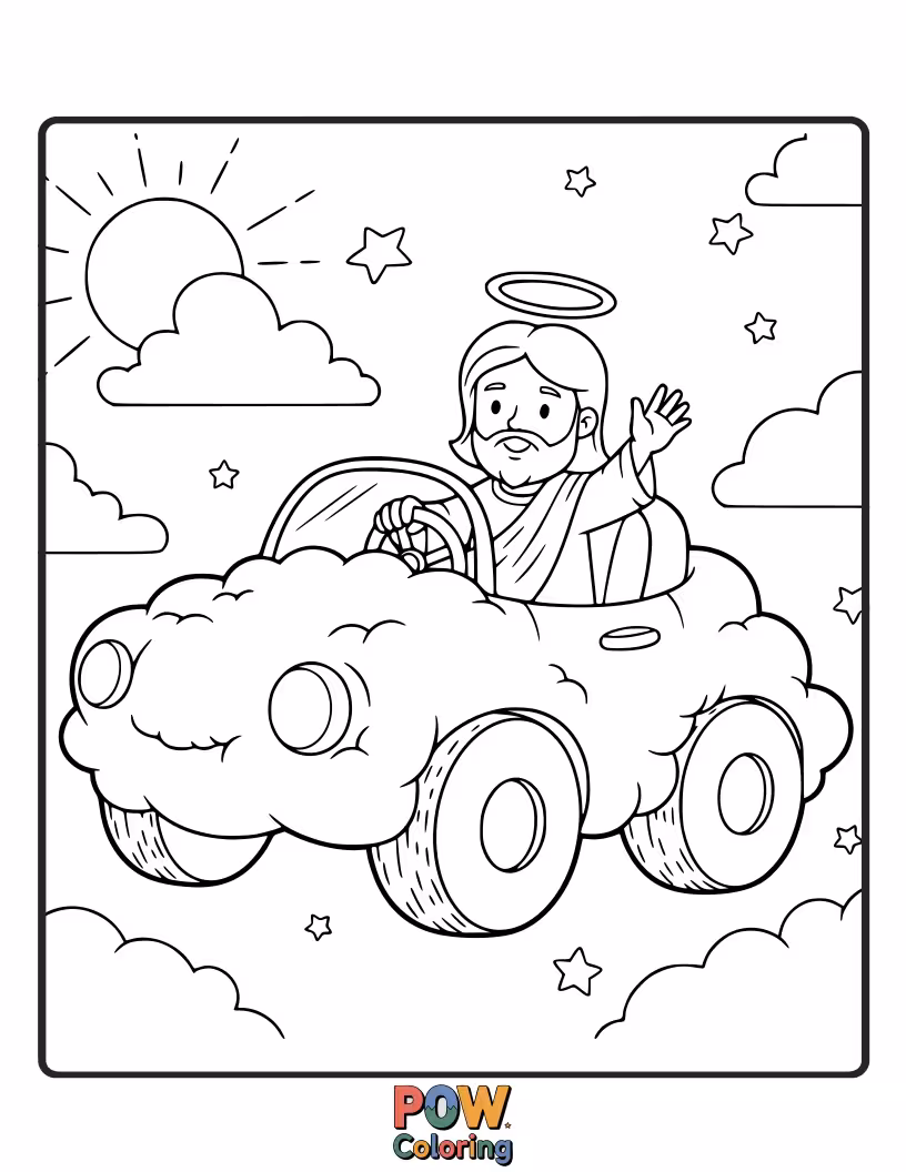Free coloring page of Jesus is driving a cute, cloud-shaped car down a path made of fluffy cotton candy.