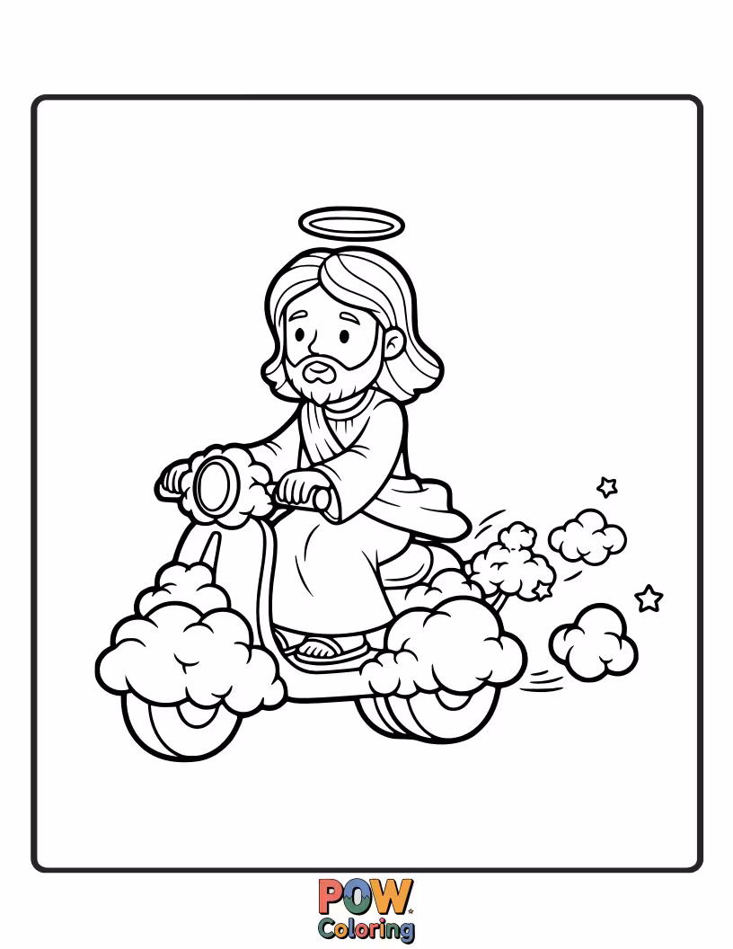 Free coloring page of Jesus is zooming around on a fluffy cloud that's acting like a scooter, with a happy grin on his face.