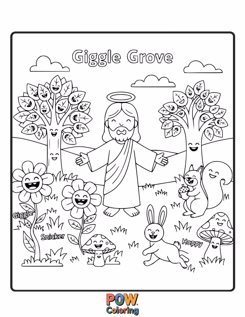 Free coloring page of Jesus is sitting in a grove of trees whose leaves are shaped like laughing faces, creating a happy atmosphere.