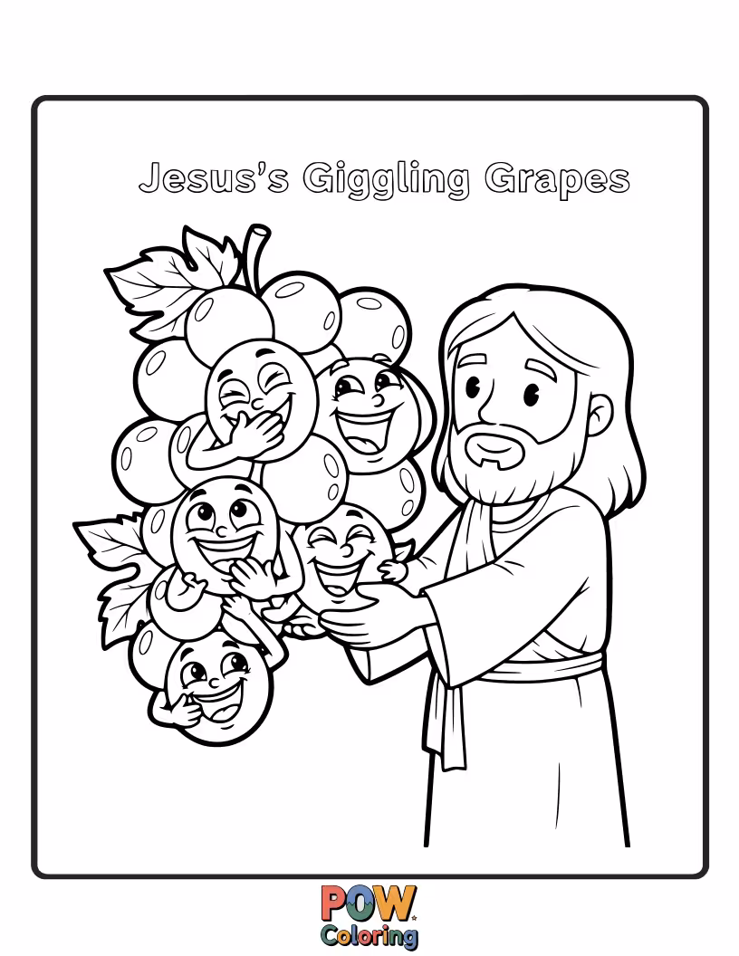 Free coloring page of Jesus is sitting amongst a bunch of grapes that have tiny faces and are chuckling with amusement.