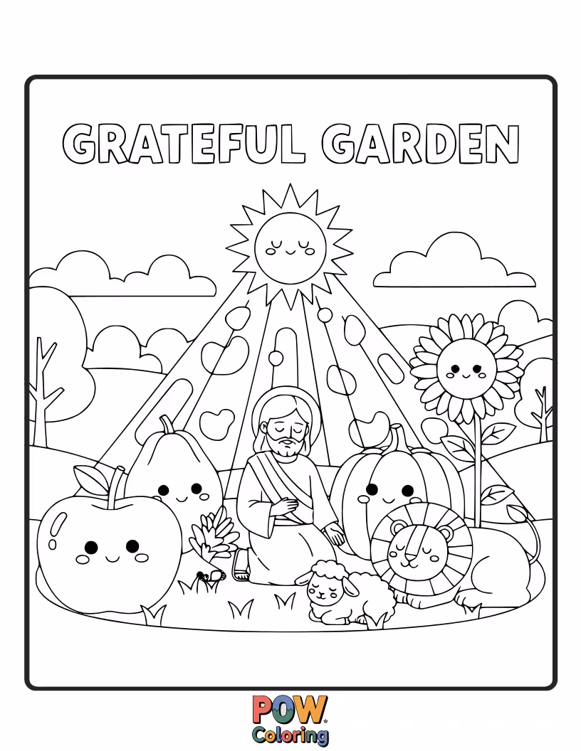 Free coloring page of Jesus is surrounded by plants that have happy faces, looking up at him with gratitude for the sunshine.