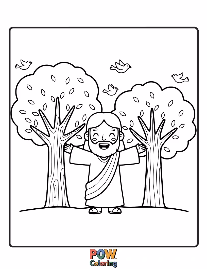 Free coloring page of Jesus is giving big, affectionate hugs to trees that have smiley faces and outstretched branches.