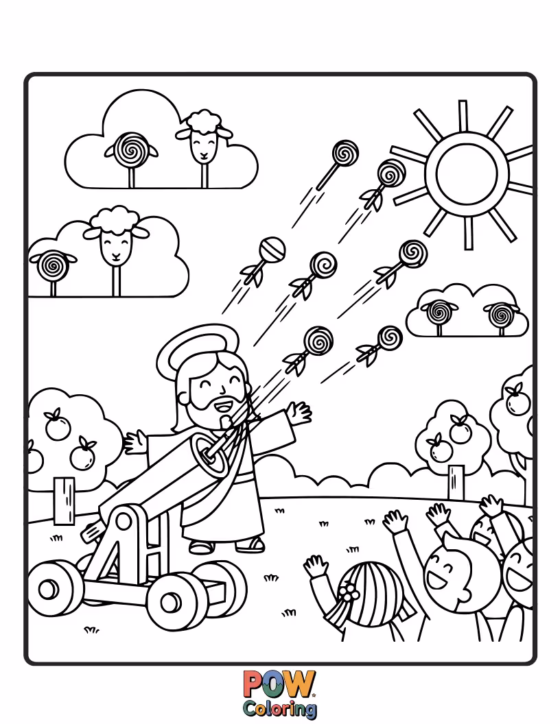 Free coloring page of Jesus is using a giant lollipop as a slingshot, aiming it at a target made of candy.
