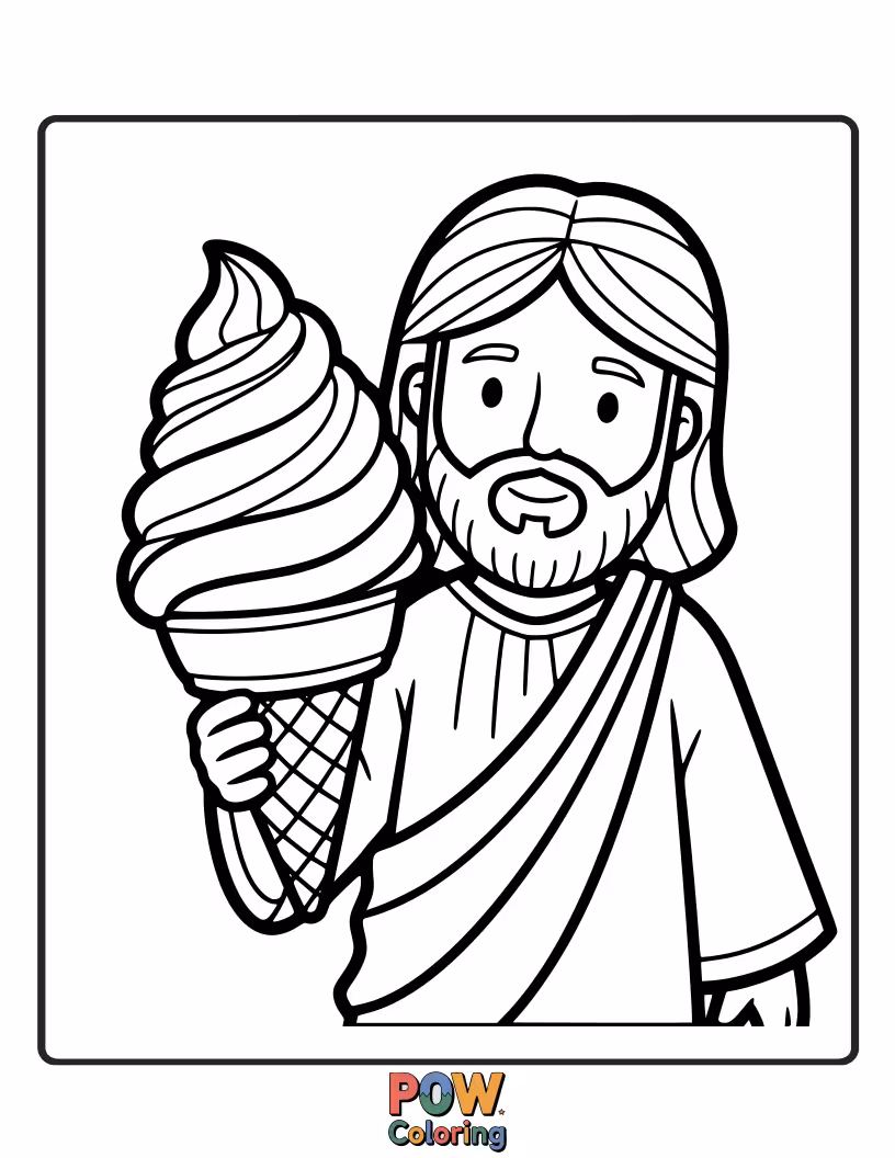 Free coloring page of Jesus is holding a towering ice cream cone with swirling rainbow flavors and a cherry on top.