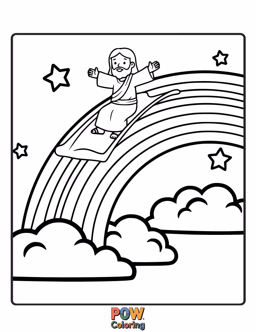 Free coloring page of Jesus is joyfully riding down a vibrant rainbow on a sparkly unicorn, leaving a trail of glitter behind him.