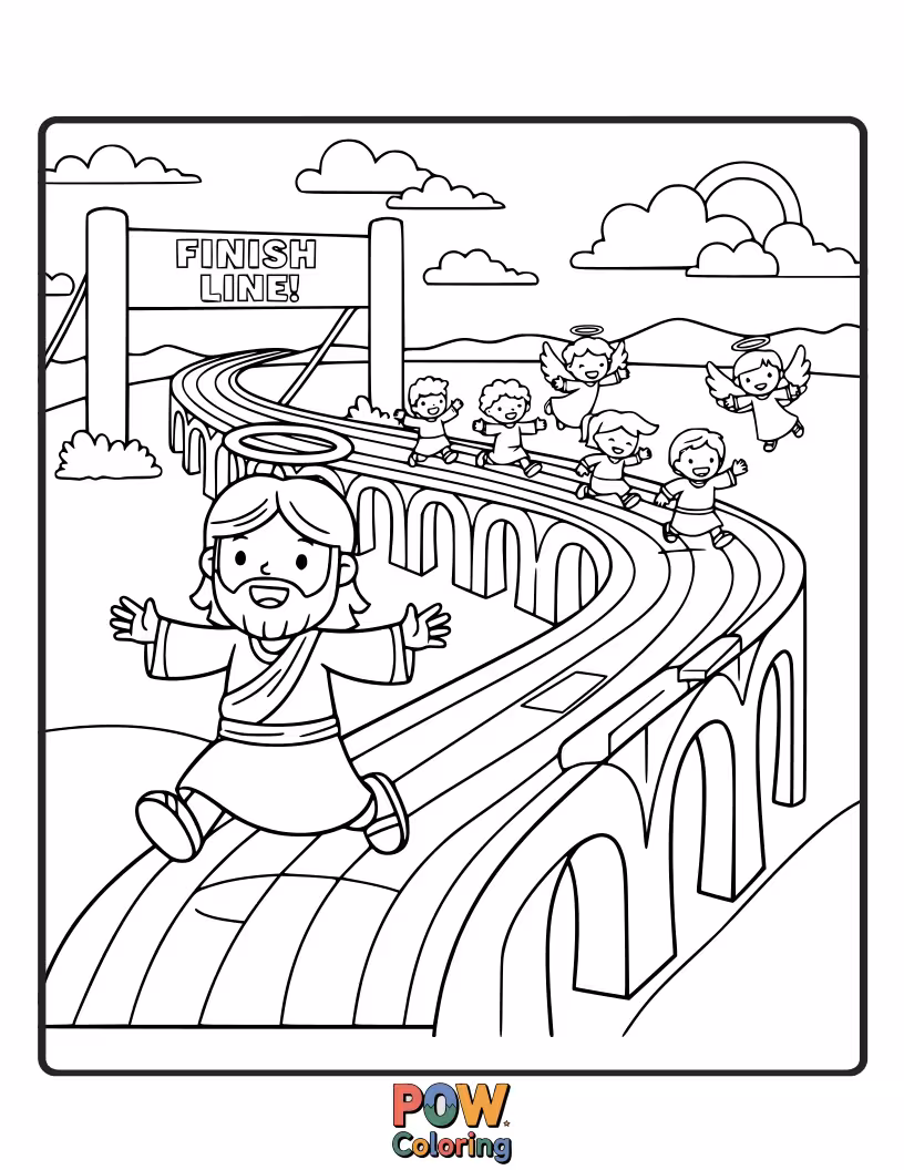 Free coloring page of Jesus is competing in a fun race down a rainbow road with other friendly characters, waving joyfully.