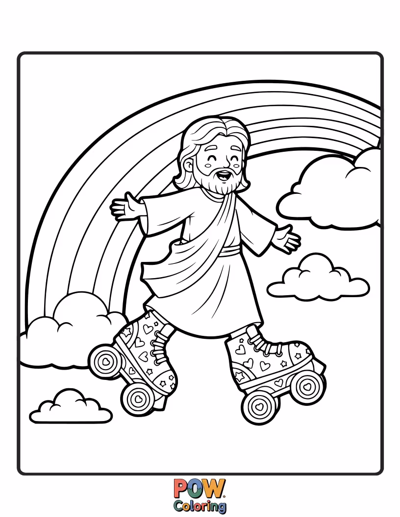 Free coloring page of Jesus is whizzing around on brightly colored roller skates that leave a trail of glitter and sparks.