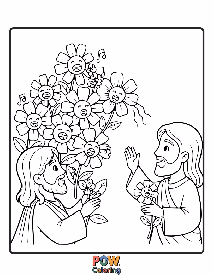 Free coloring page of Jesus is conducting a chorus of brightly colored flowers, each with a tiny mouth singing a cheerful tune.