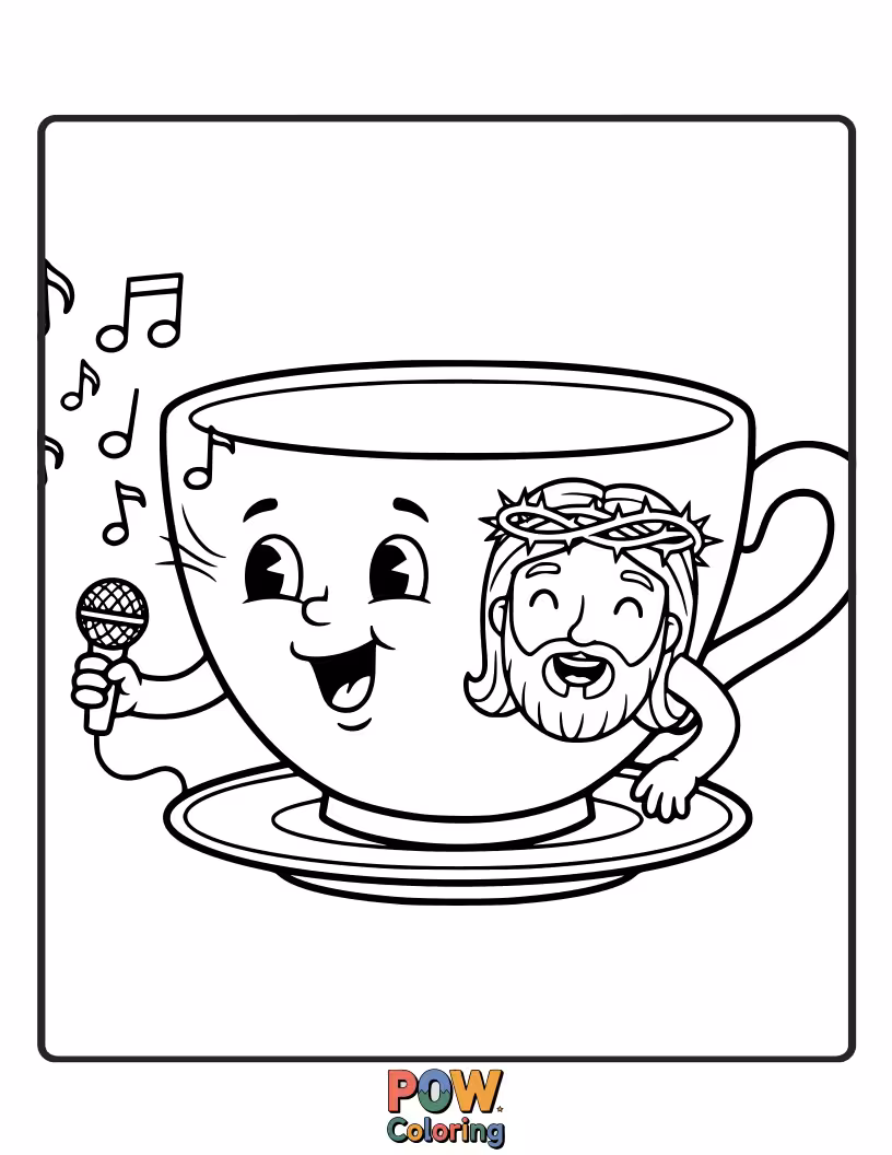 Free coloring page of Jesus is sharing a giggle with a tiny teacup that’s singing a cheerful, bubbly tune from its rim.