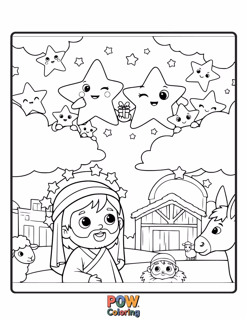 Free coloring page of Jesus is peeking out from behind a cluster of twinkling stars, holding a surprise gift with a playful smile.
