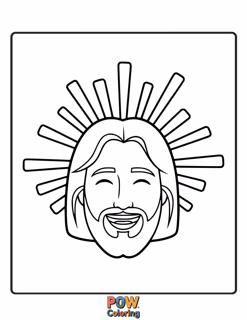 Free coloring page of Jesus is beaming with such a bright, infectious smile that sunbeams are playfully dancing around his head.