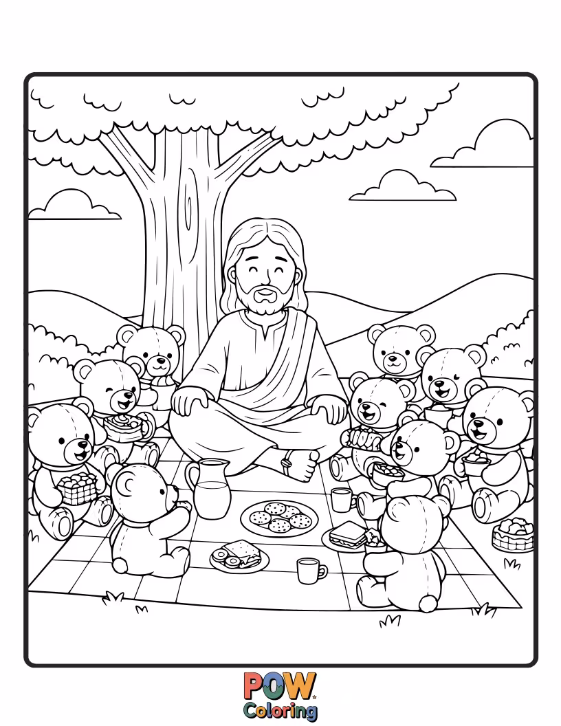 Free coloring page of Jesus is having a delightful picnic with a group of very polite teddy bears, sharing tiny sandwiches.