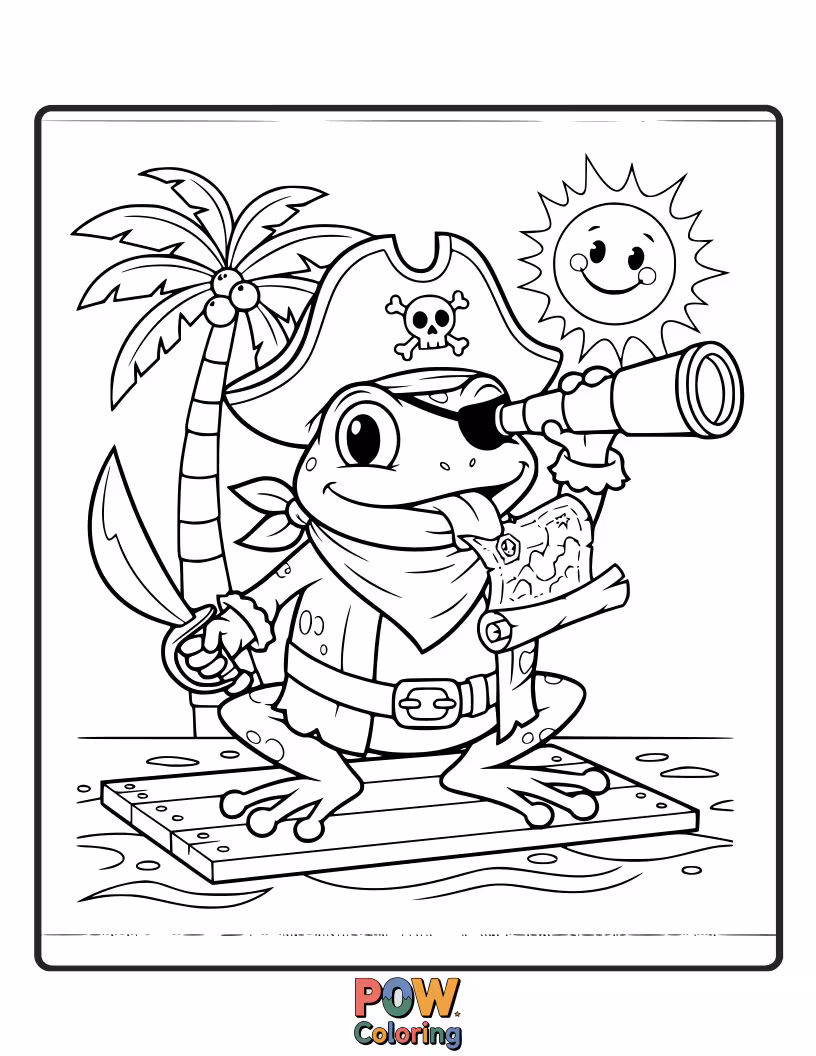 Free coloring page of A cheerful pirate frog sitting on a lily pad, wearing an eyepatch and a jaunty cap.