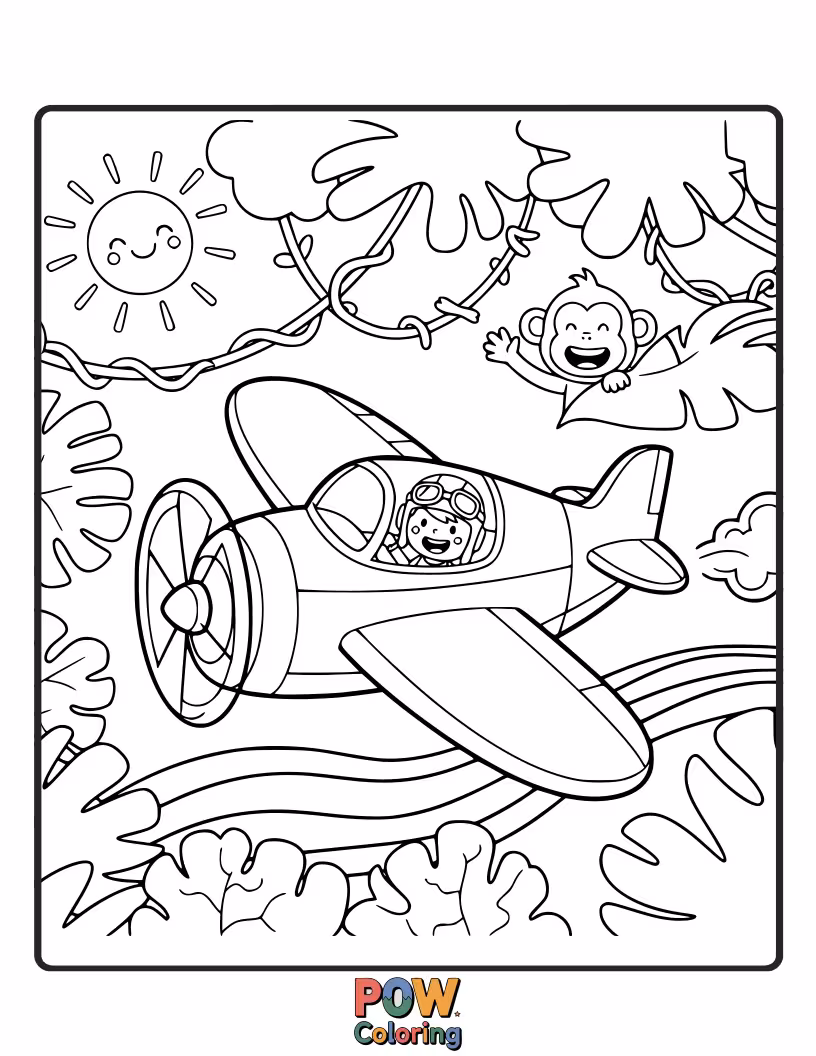 Free coloring page of A brave airplane explores a lush jungle, with friendly monkeys swinging from vines and parrots perched on its wings.