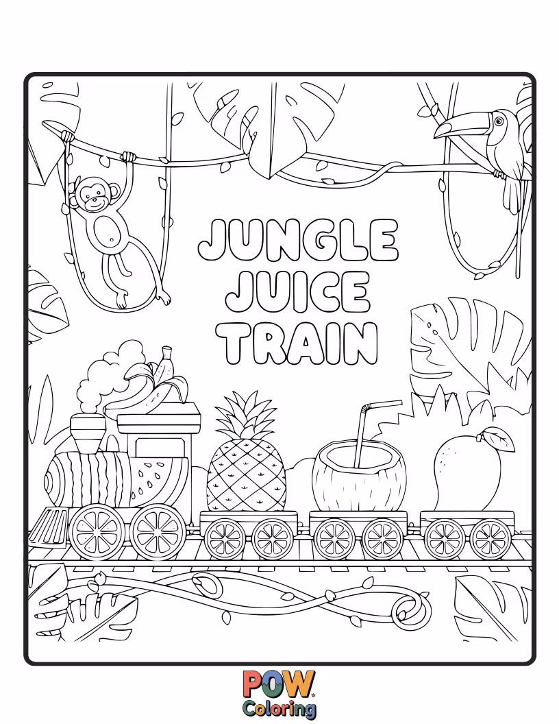 Free coloring page of A train made of fruit, serving refreshing jungle juice to its passengers. A healthy and vibrant, colorful trip.