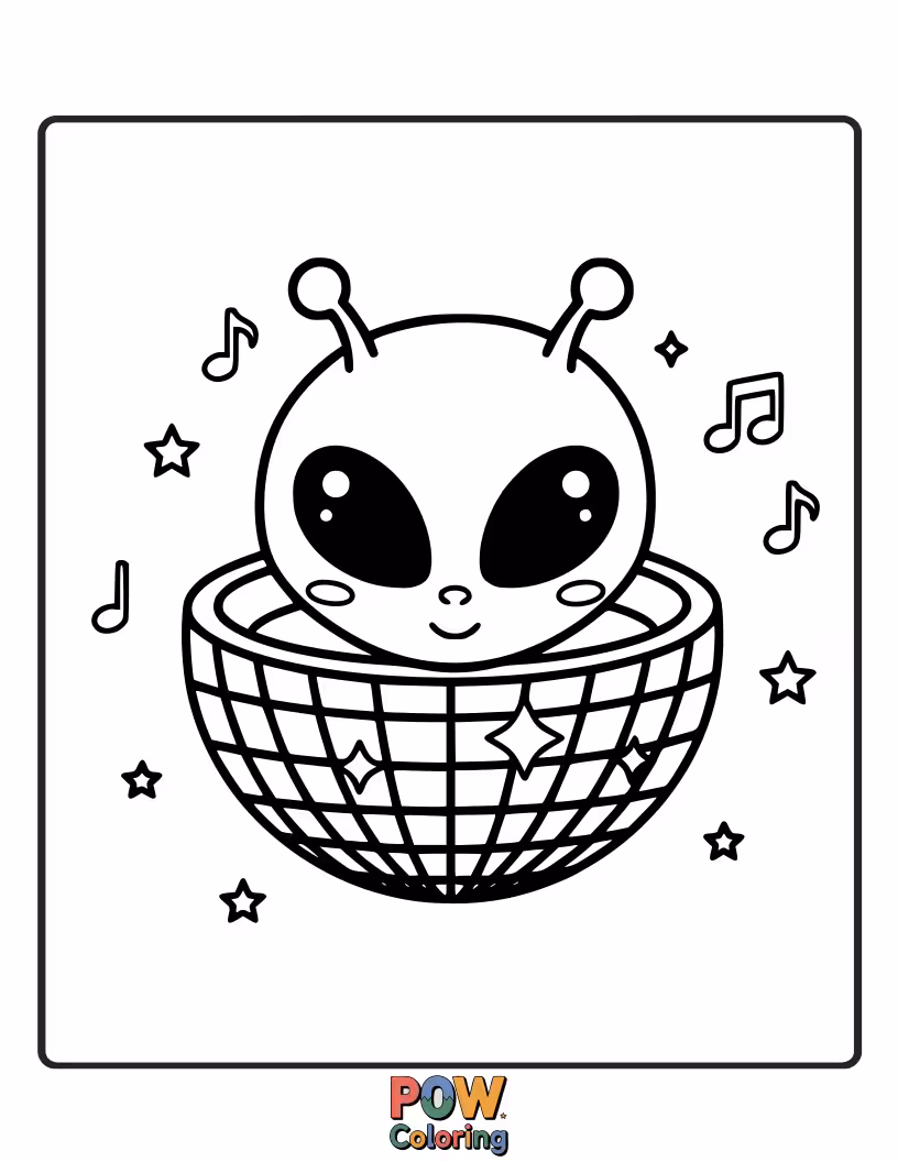 Free coloring page of A goofy alien with big eyes and antenna dancing under a sparkly disco ball, ready to groove!