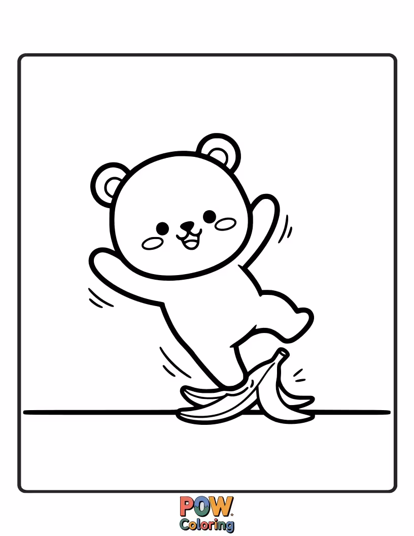 Free coloring page of A clumsy bear slipping on a banana peel, with a surprised look and arms flailing.
