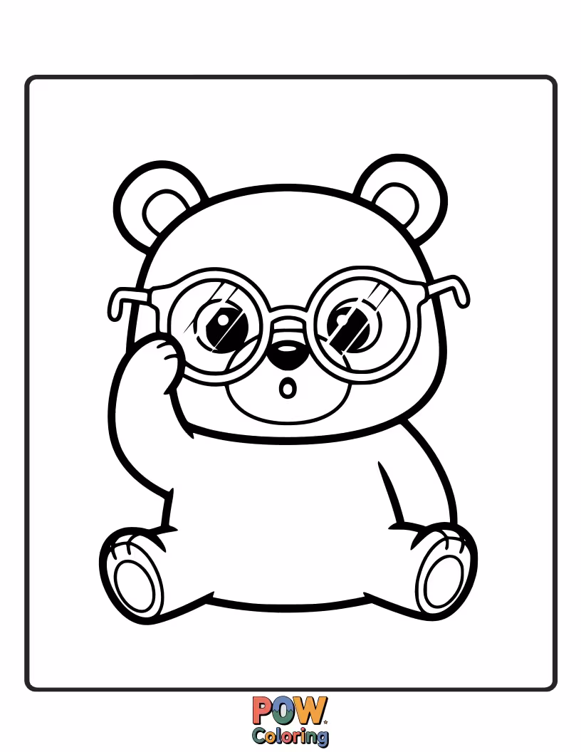 Free coloring page of A confused bear wearing reading glasses upside down, trying to decipher a book.