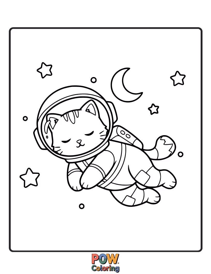 Free coloring page of A fluffy cat in an astronaut suit, peacefully napping on the moon with a starry blanket.