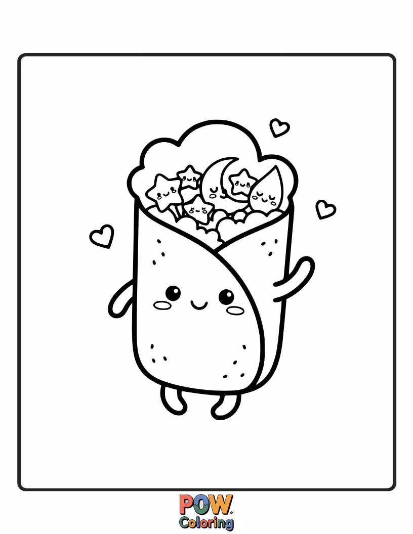 Free coloring page of A fluffy cloud wearing a tiny sombrero, bursting with colorful burrito fillings. Ole!