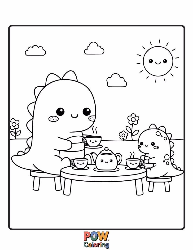 Free coloring page of A tiny T-Rex struggling to hold a teacup and saucer, with a surprisingly elegant pose.