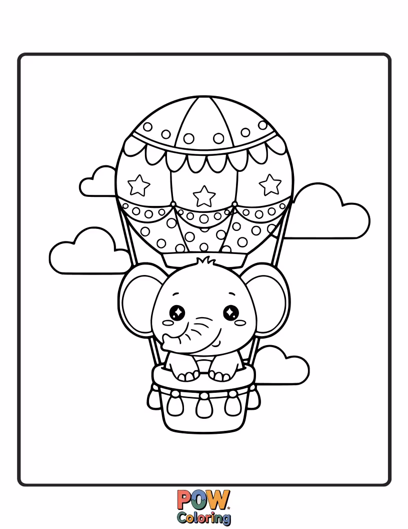 Free coloring page of A tiny elephant being lifted by an enormous, colorful balloon, looking delighted and a bit nervous.