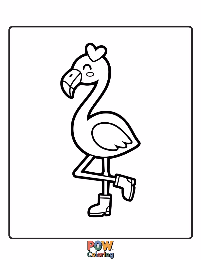 Free coloring page of A stylish flamingo standing on one leg, proudly wearing a pair of colorful rain boots.