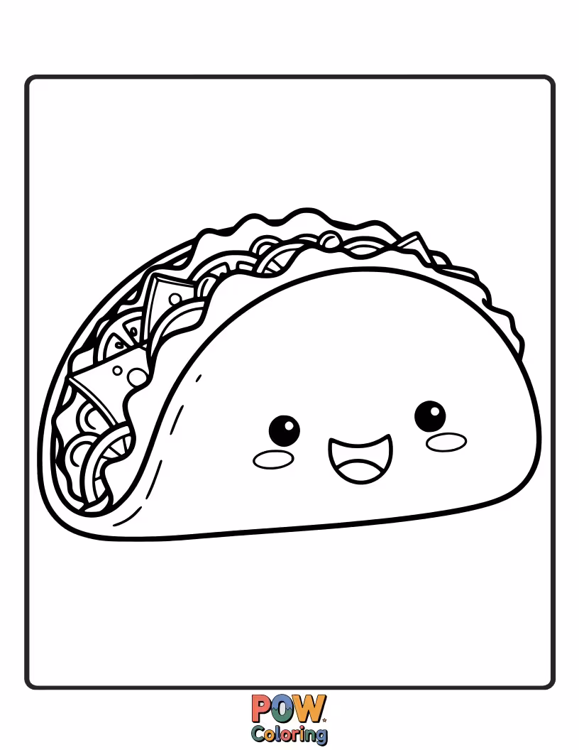 Free coloring page of A joyful taco bursting with colorful fillings, featuring a big grin and wiggling antennae.