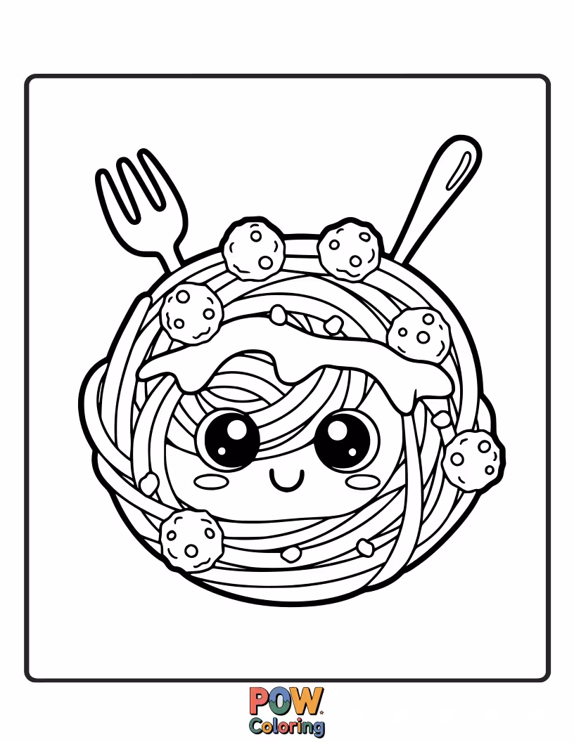 Free coloring page of A playful swirl of spaghetti with a happy face and a tomato sauce dollop.