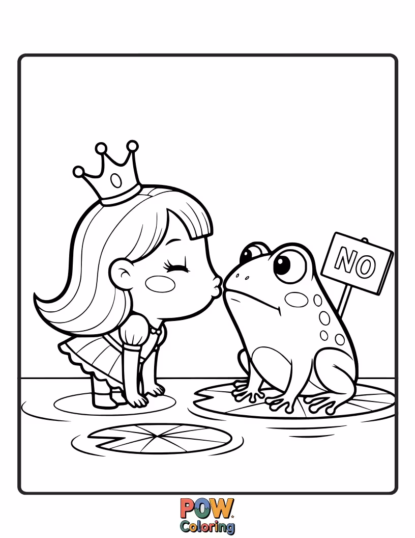 Free coloring page of A frog wearing a tiny crown, trying to kiss a not-so-impressed prince charming.