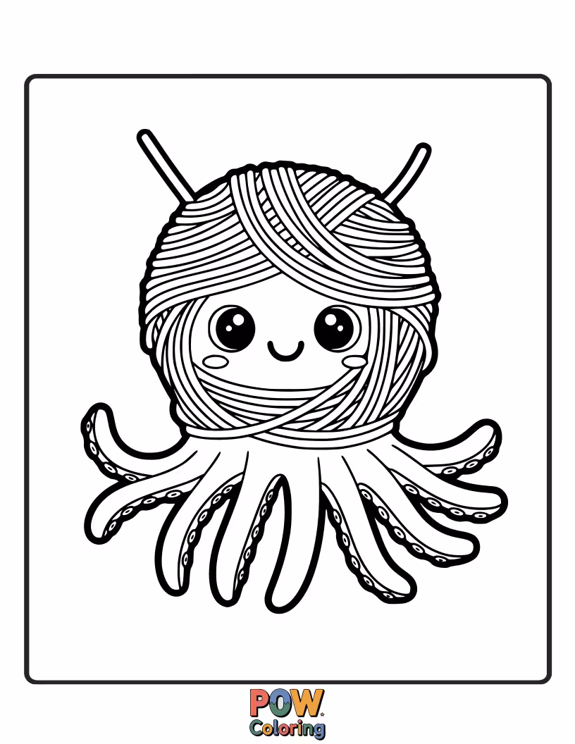 Free coloring page of An octopus wearing a chef's hat, completely covered in spaghetti and looking delightfully messy.