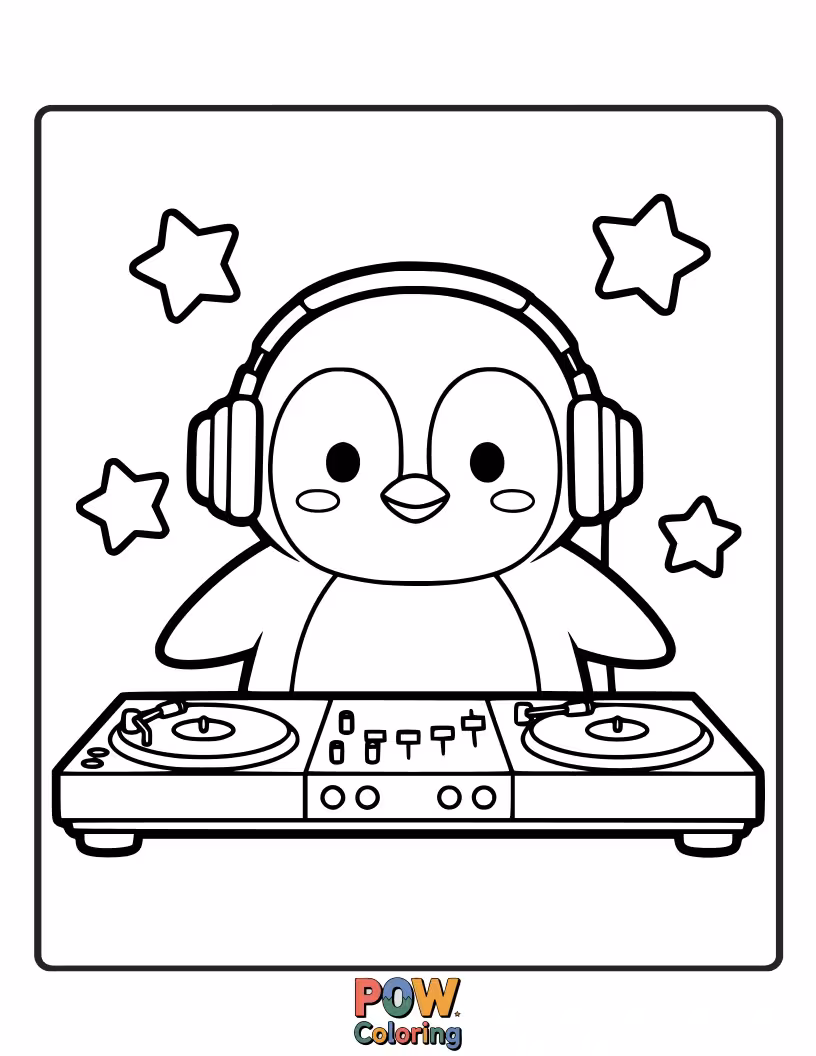 Free coloring page of A cool penguin with headphones spinning records on a tiny DJ booth, grooving to the beat.