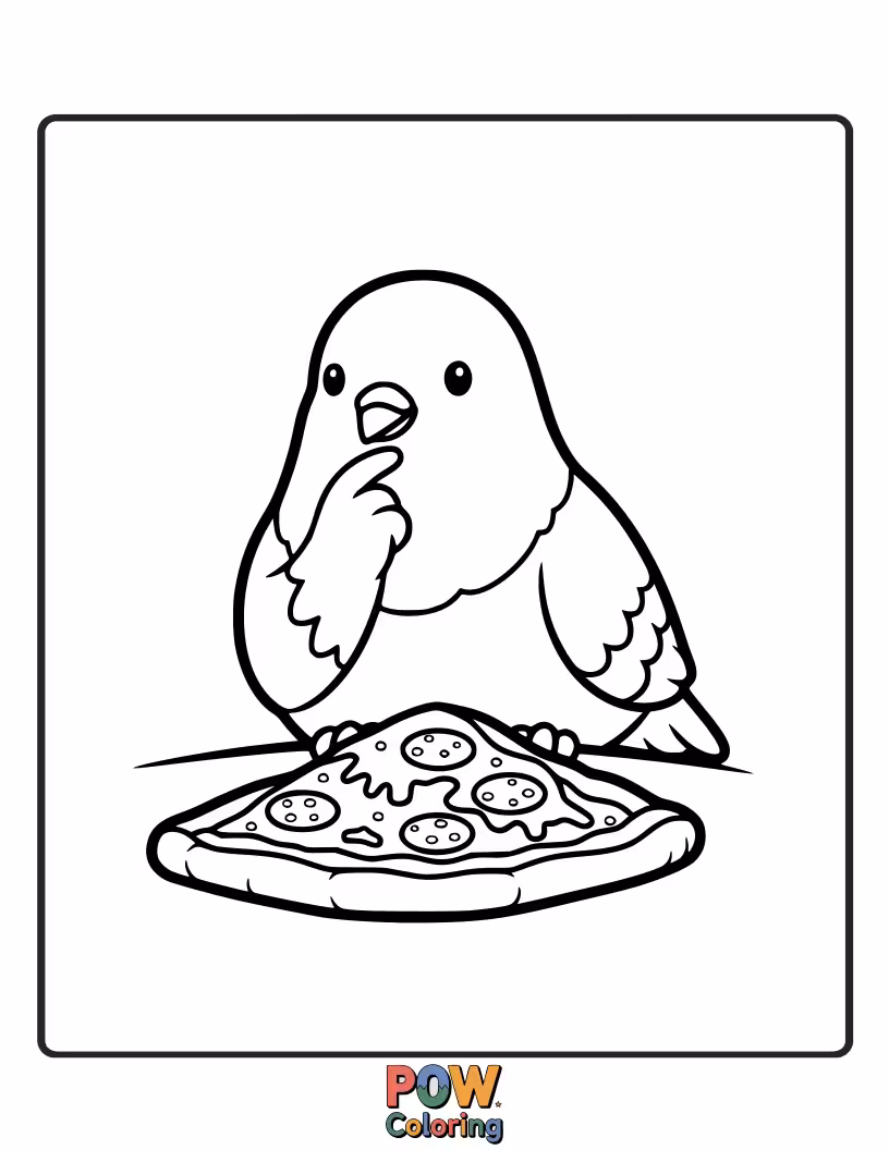 Free coloring page of A wise-looking pigeon with a monocle, contemplating a giant slice of pizza with deep thought.