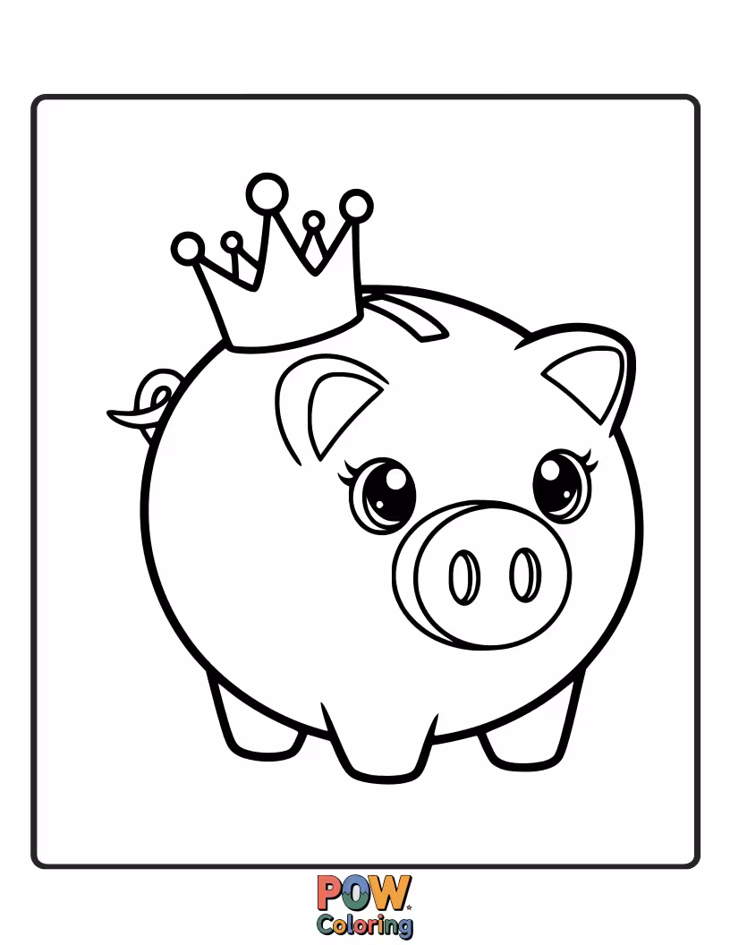 Free coloring page of A proud piggy bank adorned with a regal crown, guarding its precious coins.