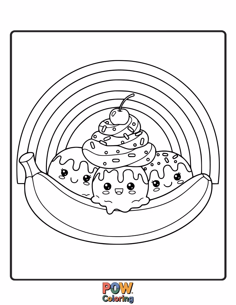Free coloring page of A smiling banana split with rainbow ice cream, topped with a tiny umbrella and a wink.