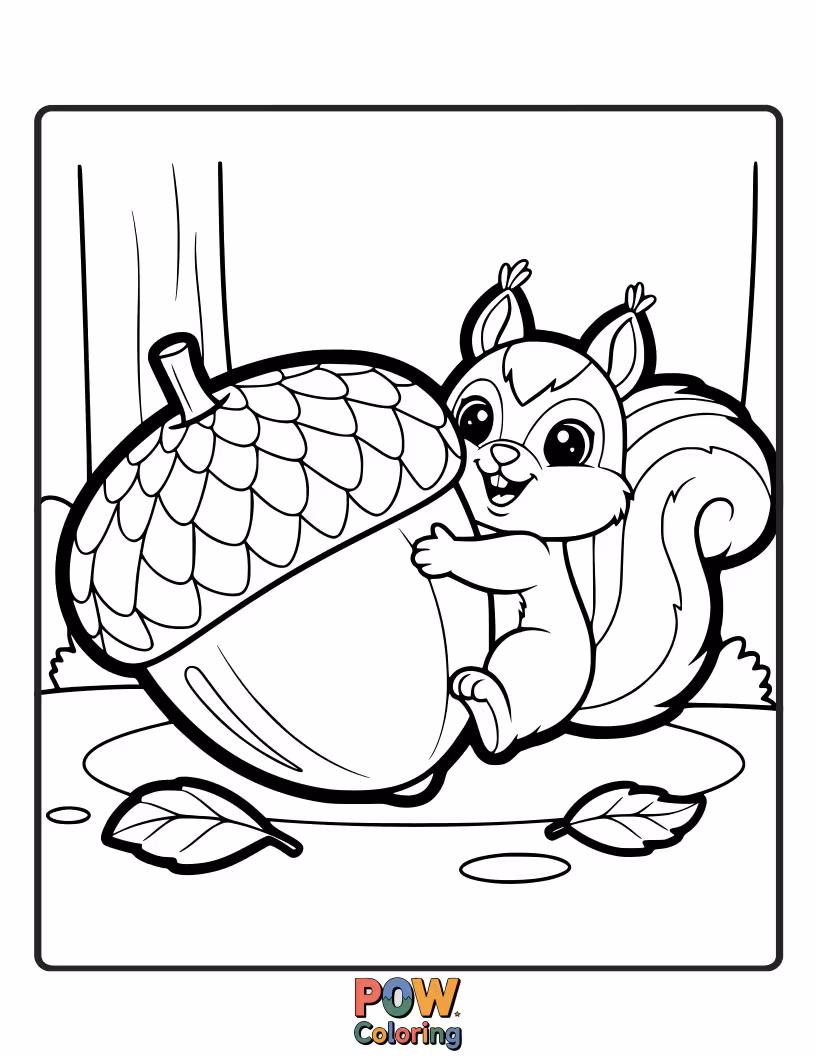 Free coloring page of A happy squirrel trying to carry an acorn bigger than its entire body, looking triumphant.
