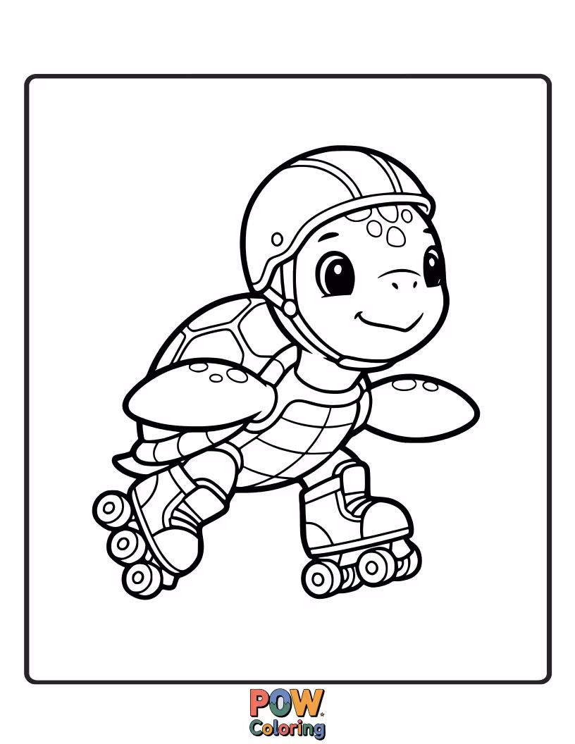 Free coloring page of A determined turtle wearing bright roller skates, surprisingly zooming across a checkered floor.