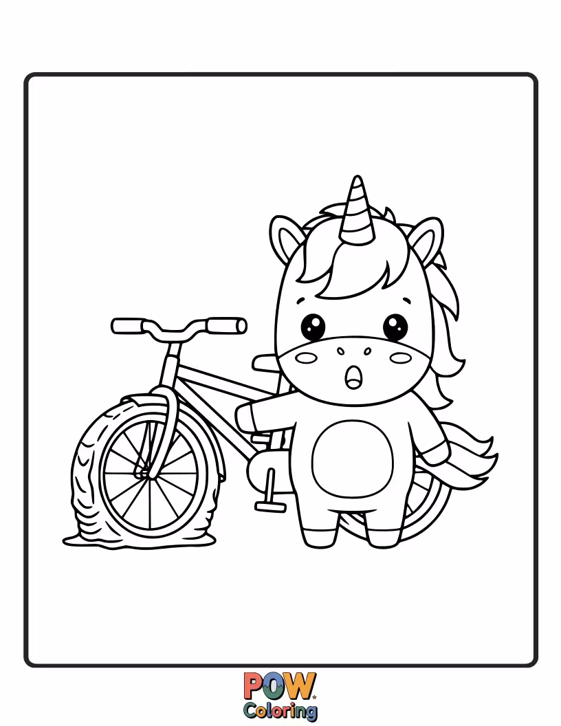 Free coloring page of A majestic unicorn with a bewildered expression, struggling with a flat tire on its rainbow chariot.