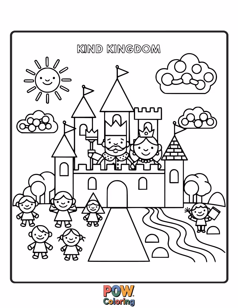Free coloring page of Color a castle and its surroundings made from geometric shapes, sparking imagination while learning about squares, rectangles, and triangles.