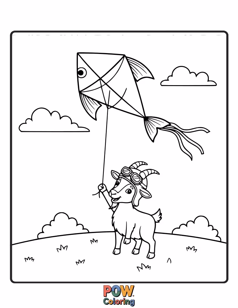 Free coloring page of A happy goat joyfully flying a colorful kite high in the sky, with wind lines and a breezy feel.