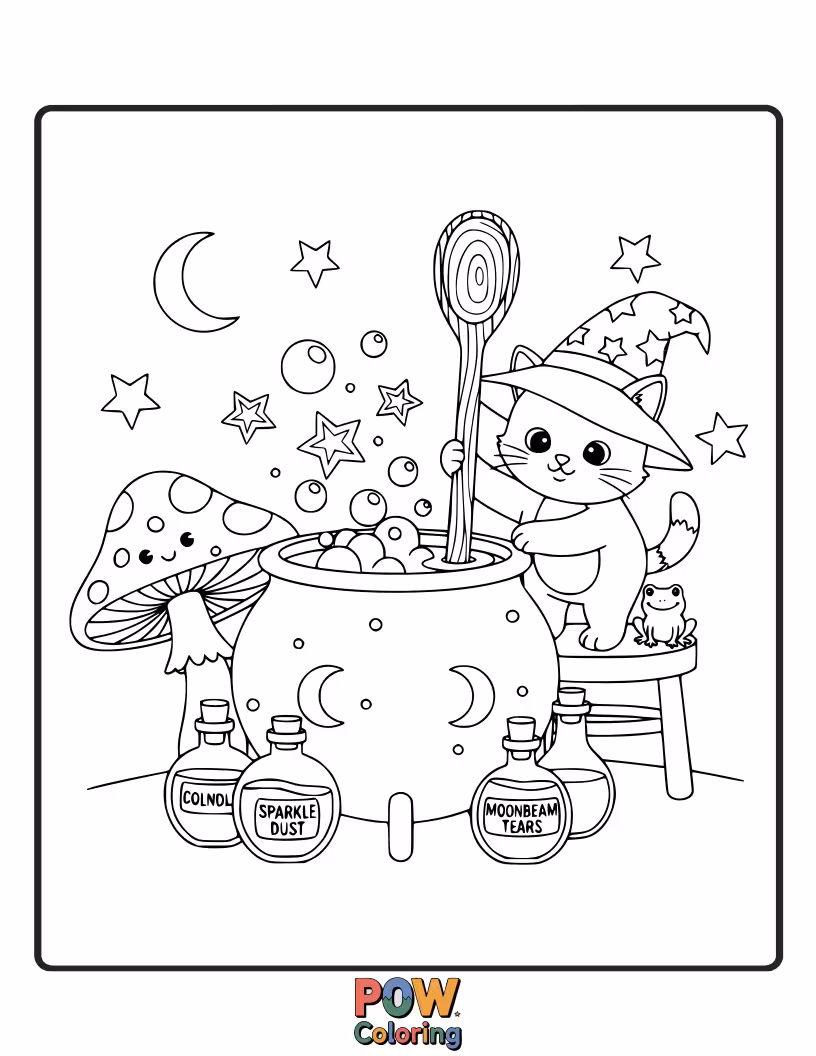 Free coloring page of A tiny, fluffy kitten is excitedly mixing a glowing potion in a cauldron that's almost as big as it is.