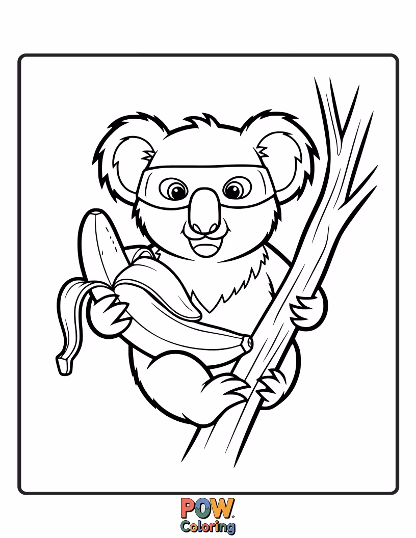 Free coloring page of This sneaky koala has "borrowed" a banana, looking mischievous as it tries to hide its tasty prize.