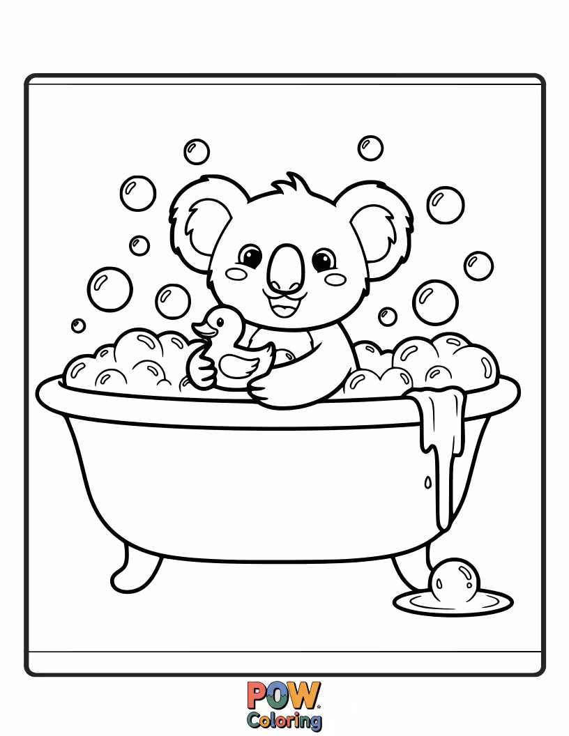 Free coloring page of Splashing around in a bubbly bath, this koala is having a delightful time with rubber ducks.