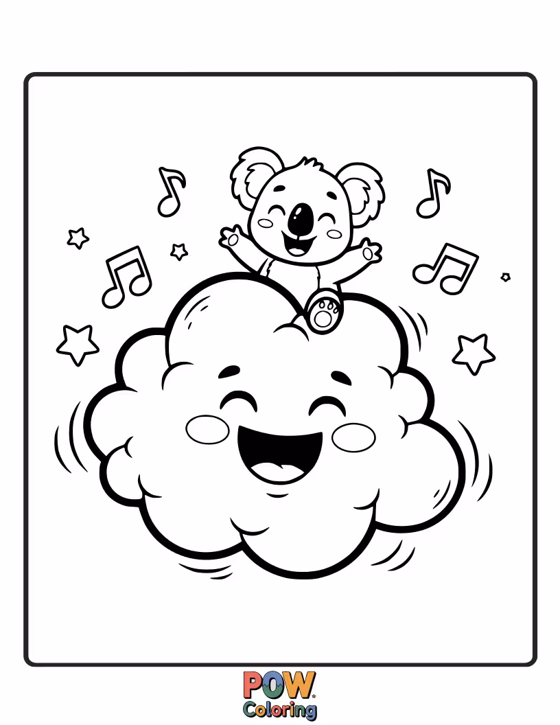 Free coloring page of This koala is so full of joy, a little cloud of happy giggles is floating around its head.